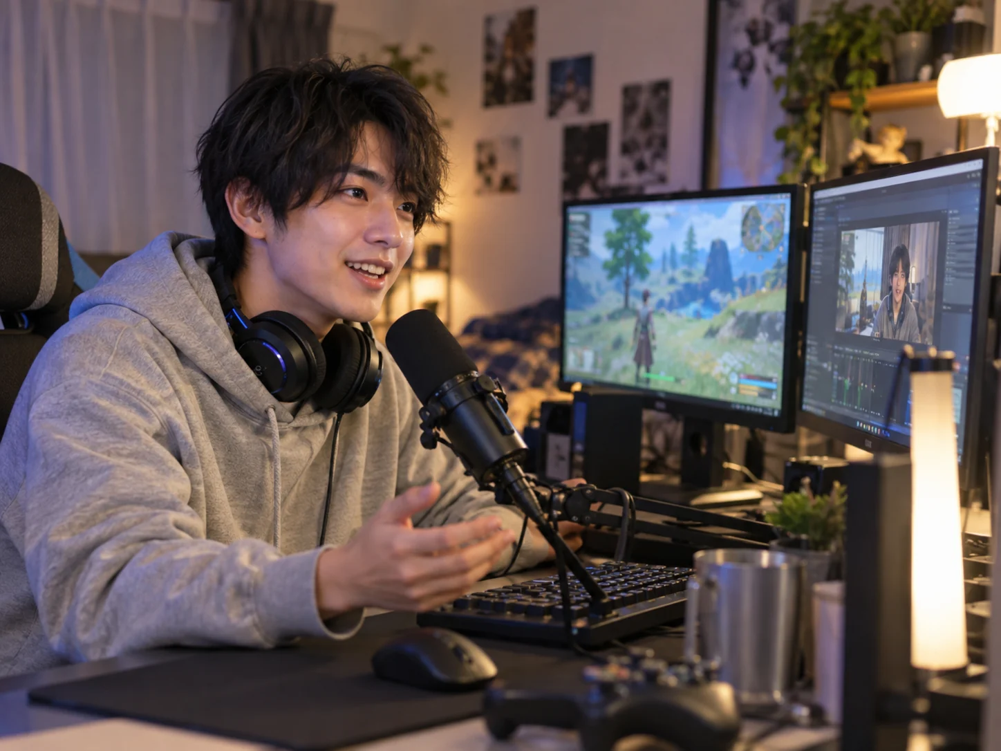 配信環境でマイクを前に話すクリエイターのイメージ