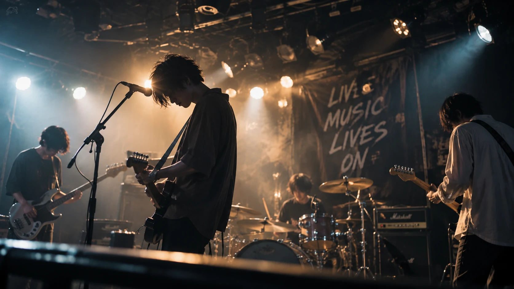 煙と光に包まれたライブハウスで演奏するロックバンド